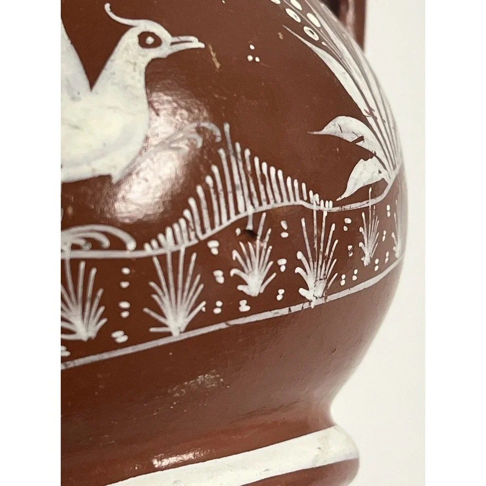 Vintage Handmade Mexican Pottery Vase Bird Flower Deer Signed J.‎ Pila Red Clay